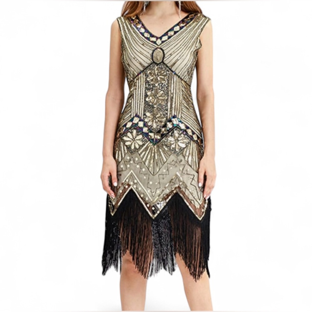🎃 1920s Era Hand-Beaded Flapper Costume Gown with Fringe Size Medium